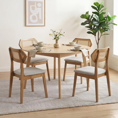 Set of two mid-century rattan dining chairs with rattan backs and solid wood frames, black finish, by Wilsons Home Store.