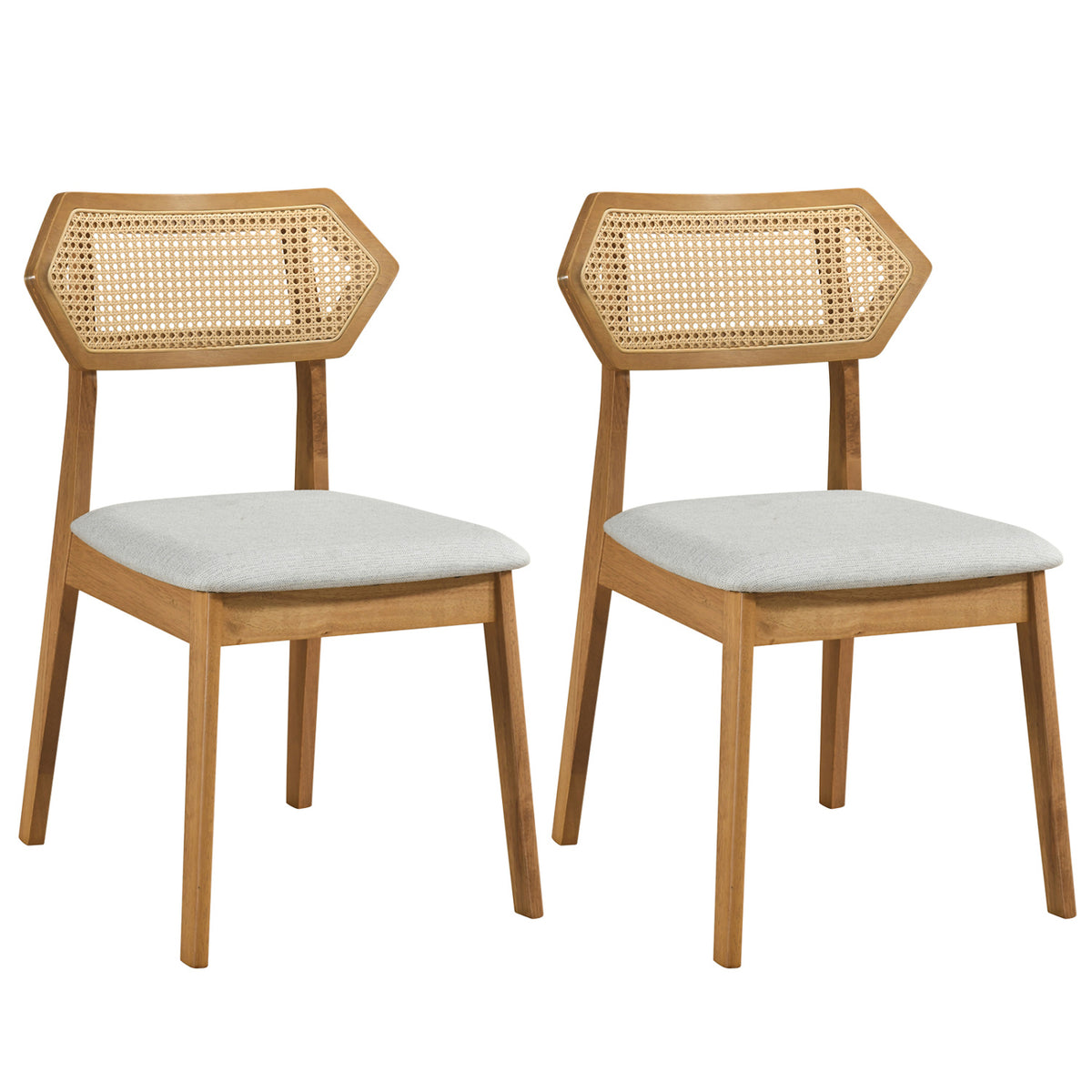 Set of two mid-century style rattan dining chairs with black finish, rattan backs, and solid wood frames.