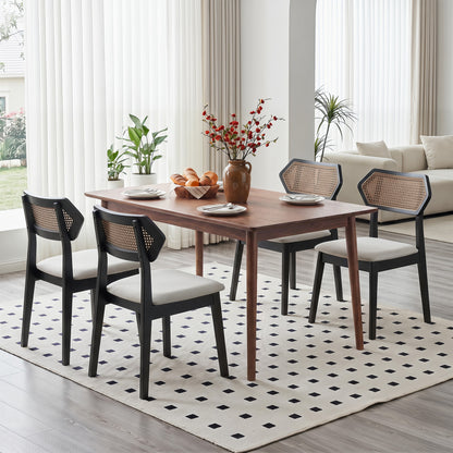 Mid Century Rattan Dining Chairs Set of 4 with Rattan Back-Black