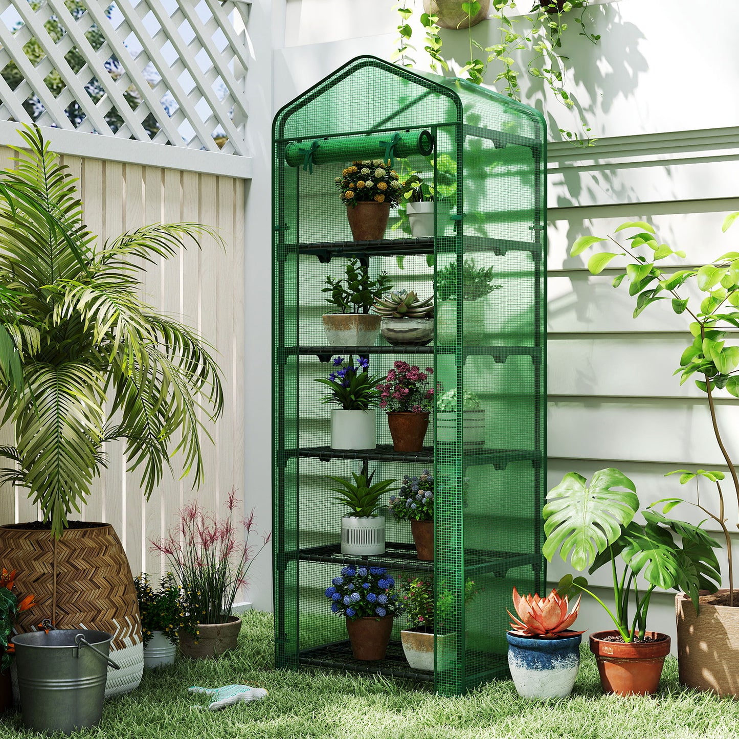 Mini Greenhouse Portable Plant Grow House with 5 Tier Shelves-Green