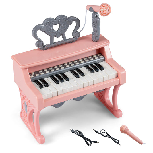 Mini Keyboard Piano 25 Keys Electric Piano with Music Stand and Microphone for Toddlers 3+ Years Old-Pink