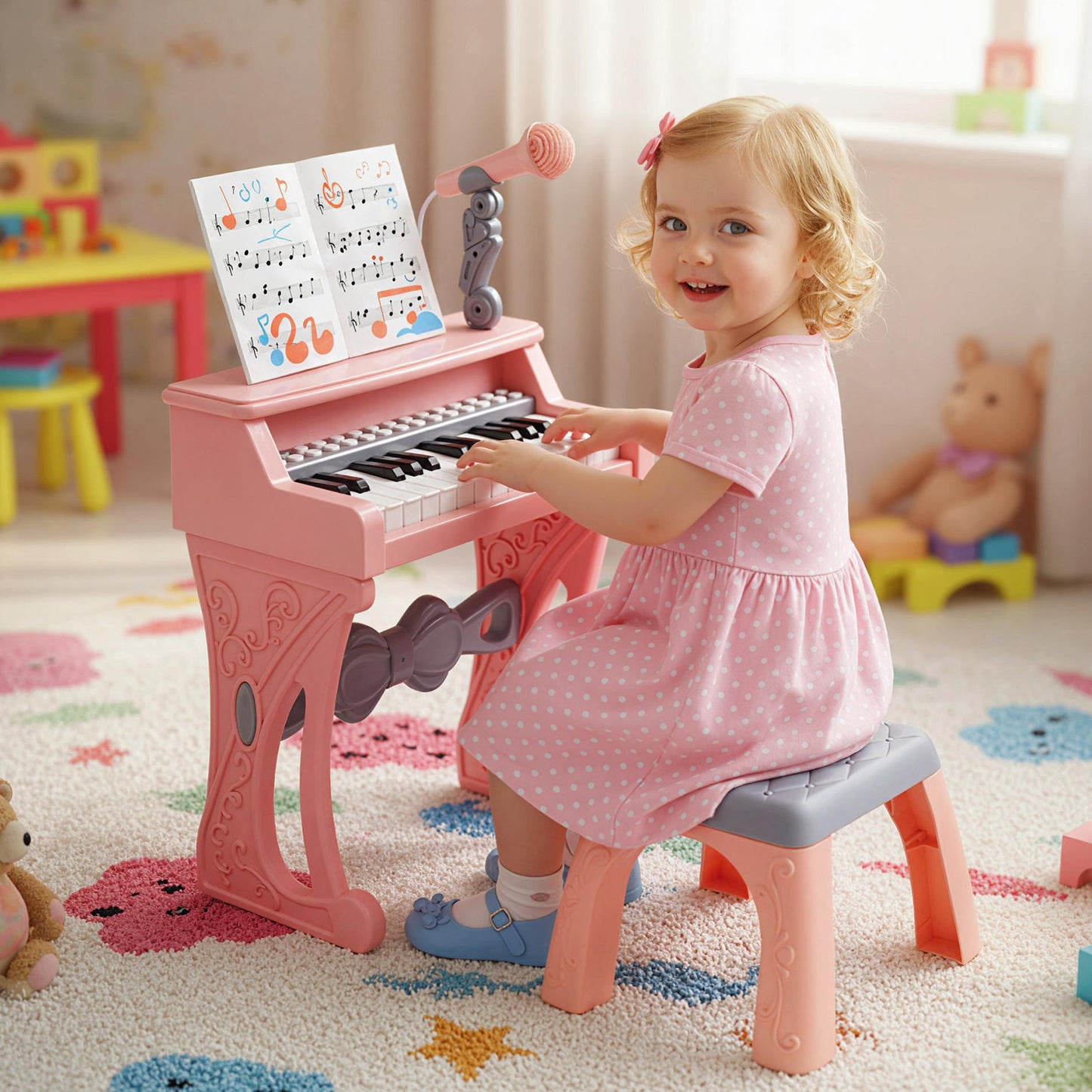 Mini Keyboard Piano for Kids 25 Keys Electric Piano with Stool for Toddlers 3+ Years Old-Pink