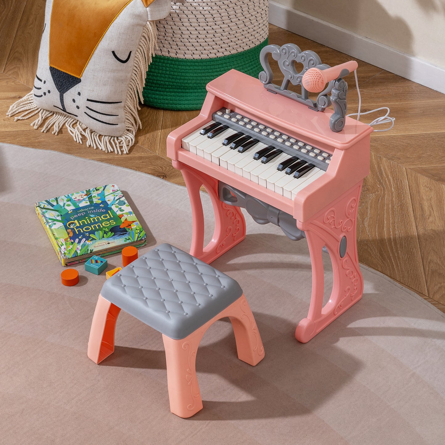 Mini Keyboard Piano for Kids 25 Keys Electric Piano with Stool for Toddlers 3+ Years Old-Pink