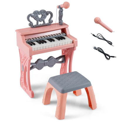 Mini Keyboard Piano for Kids 25 Keys Electric Piano with Stool for Toddlers 3+ Years Old-Pink