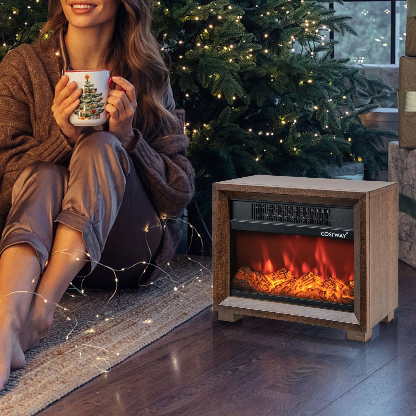 Mini Wooden Space Tabletop Fireplace with Realistic Flame Effect