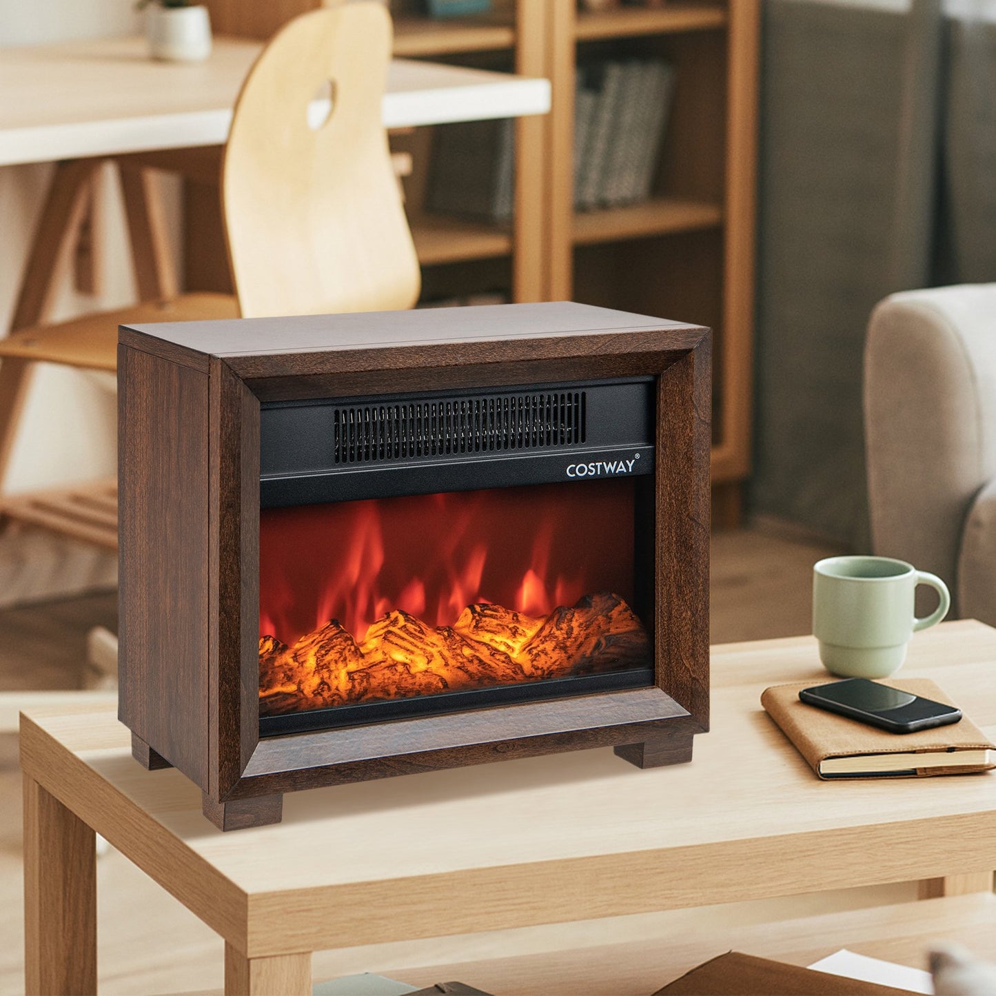 Mini Wooden Space Tabletop Fireplace with Realistic Flame Effect
