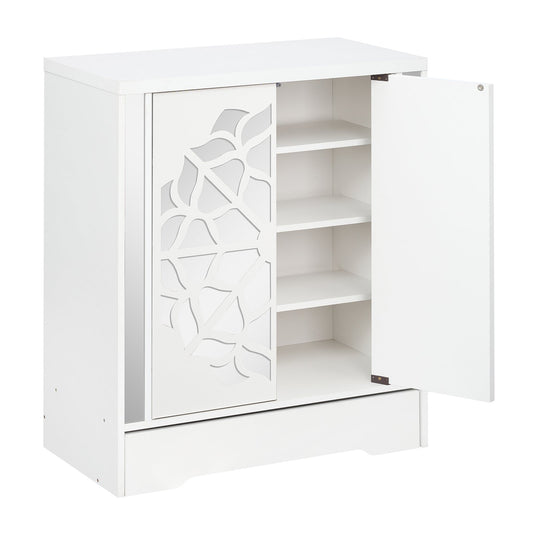 Mirrored Shoe Cabinet 4-Tier Shoe Organizer with Large Drawer-White