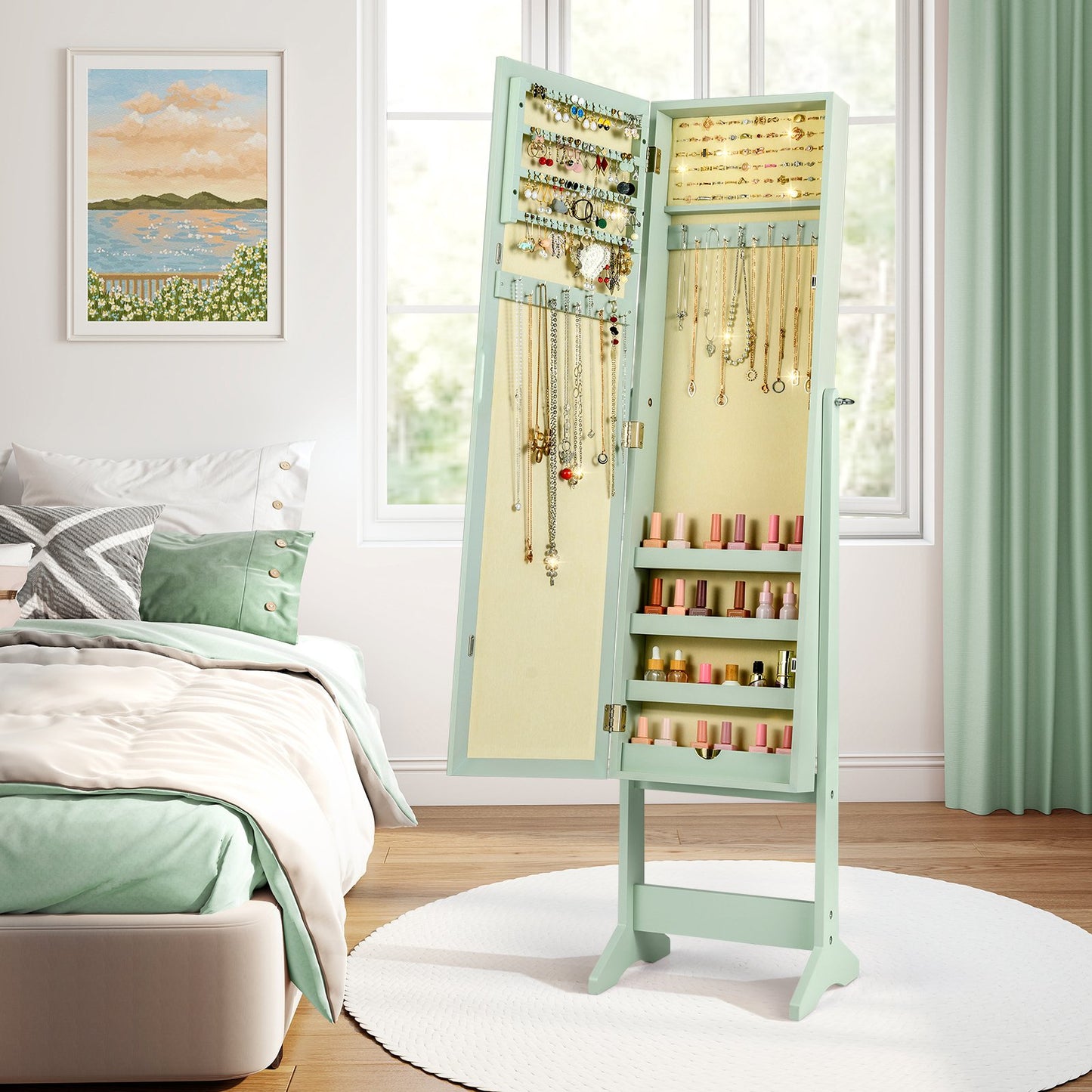 New Mirrored Jewelry Cabinet Armoire Mirror Organizer Storage Box Ring w/ Stand-Black