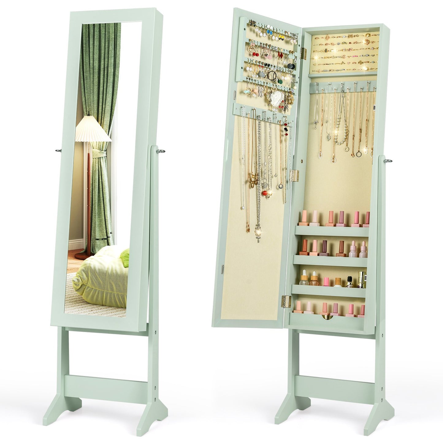 New Mirrored Jewelry Cabinet Armoire Mirror Organizer Storage Box Ring w/ Stand-Black