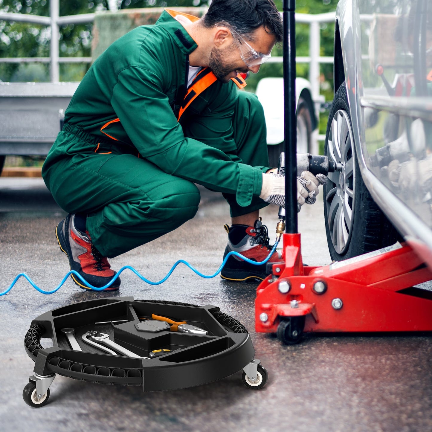 Mobile Automotive Tool Creeper with 3 Swivel Casters and 4 Compartments-BK