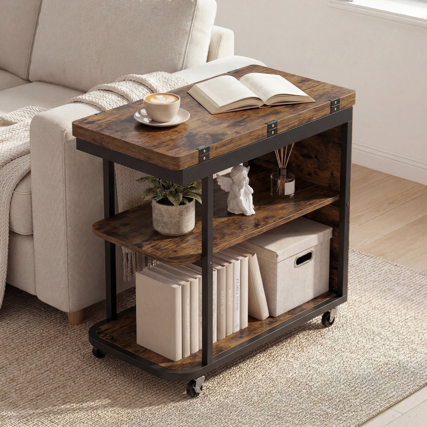 Mobile Night Stand with Foldable Swivel Top and 2-Tier Shelf for Small Spaces-Natural