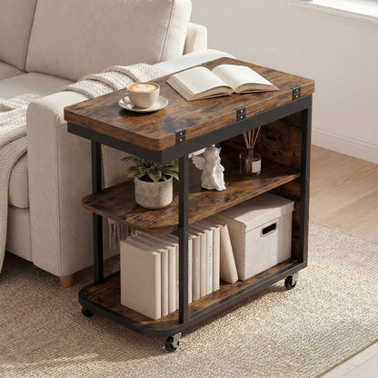 Mobile Night Stand with Foldable Swivel Top and 2-Tier Shelf for Small Spaces-Natural