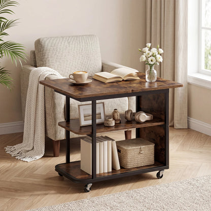 Mobile Night Stand with Foldable Swivel Top and 2-Tier Shelf for Small Spaces-Natural