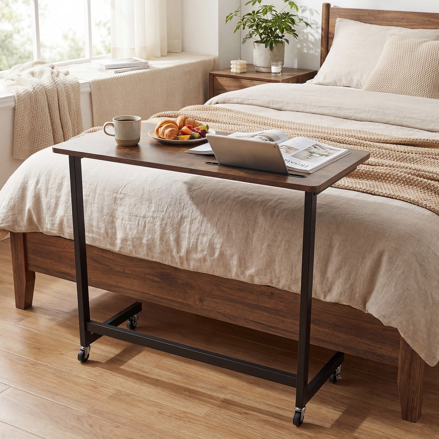 Mobile Side Table Rolling Laptop Desk Cart with Tablet Slot-Rustic Brown