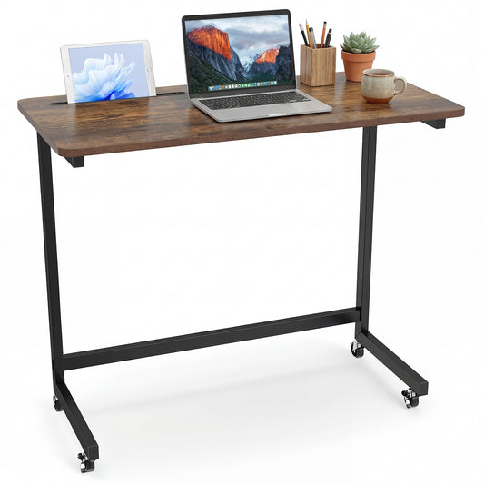 Mobile Side Table Rolling Laptop Desk Cart with Tablet Slot-Rustic Brown