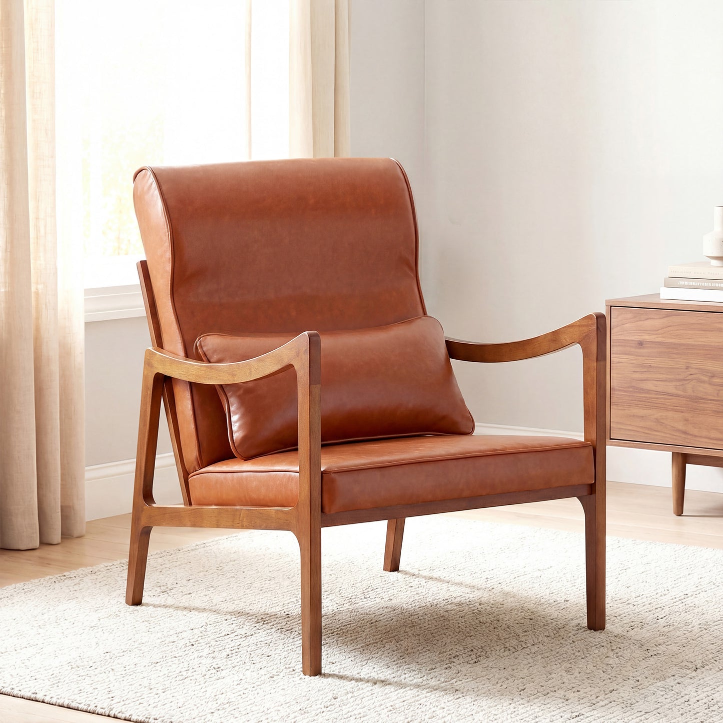 Modern Accent Chair with Solid Rubber Wood Faux Leather Upholstered Armchair-Brown