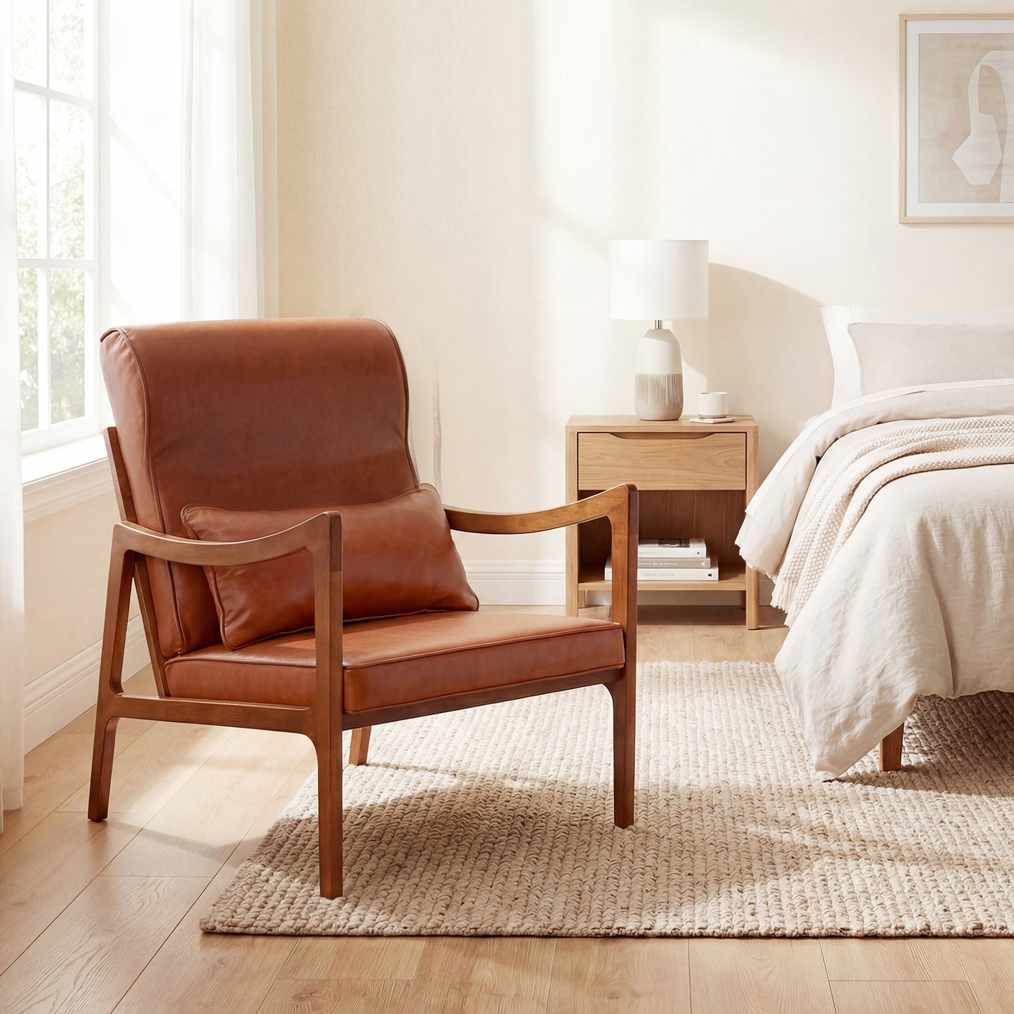 Modern Accent Chair with Solid Rubber Wood Faux Leather Upholstered Armchair-Brown