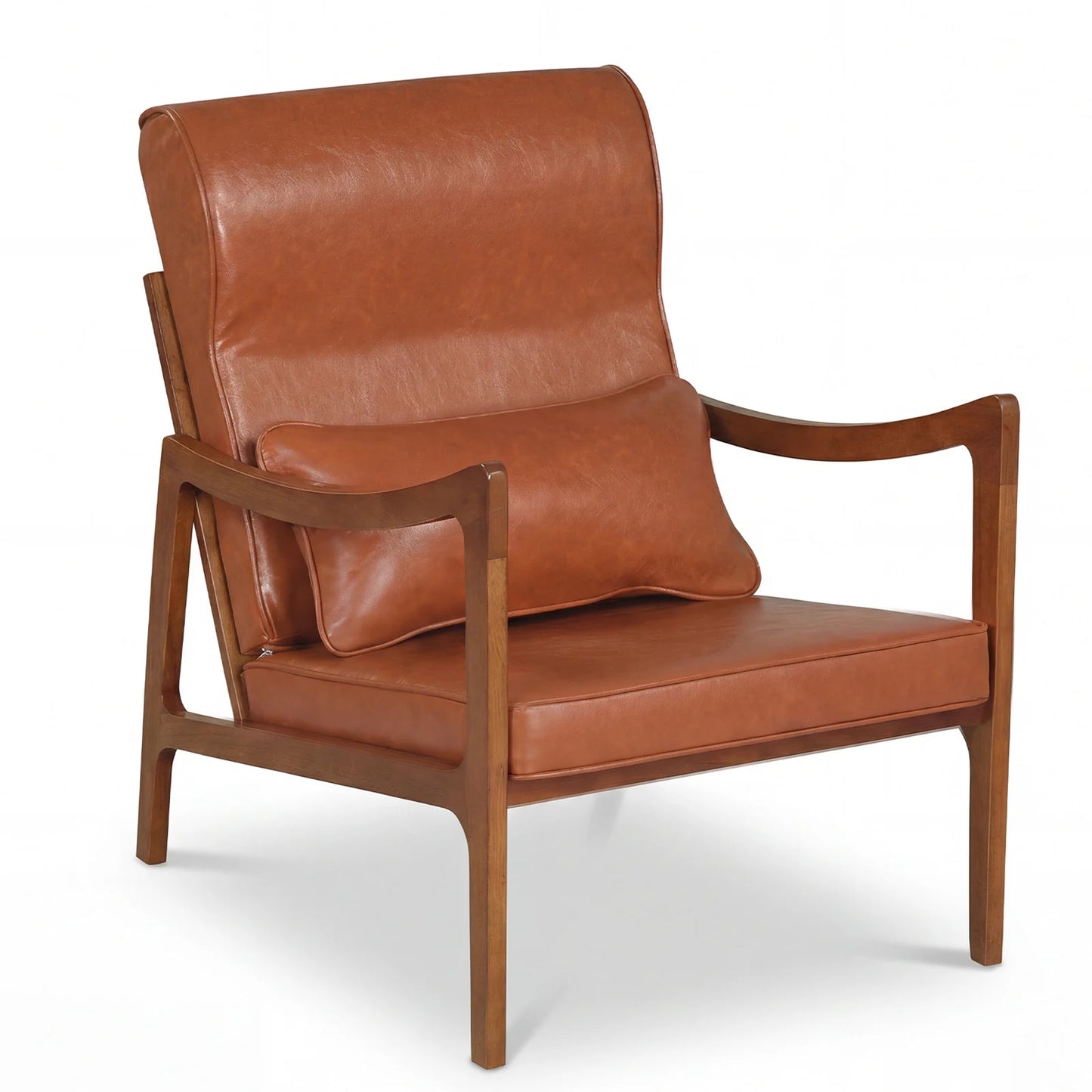 Modern Accent Chair with Solid Rubber Wood Faux Leather Upholstered Armchair-Brown