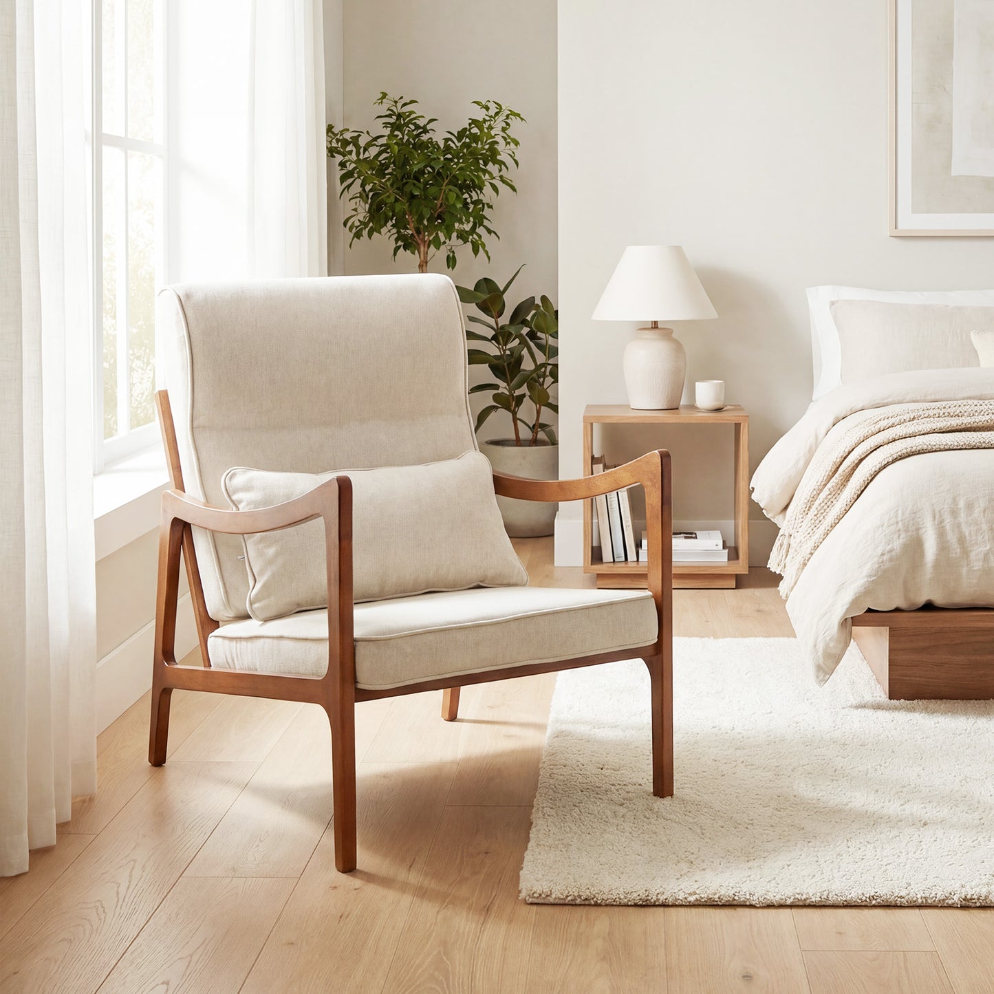 Modern Accent Chair with Solid Rubber Wood Faux Leather Upholstered Armchair-Brown