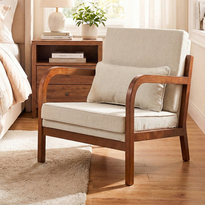 Modern Accent Chair Faux Leather Linen Fabric Upholstered Armchair-Brown