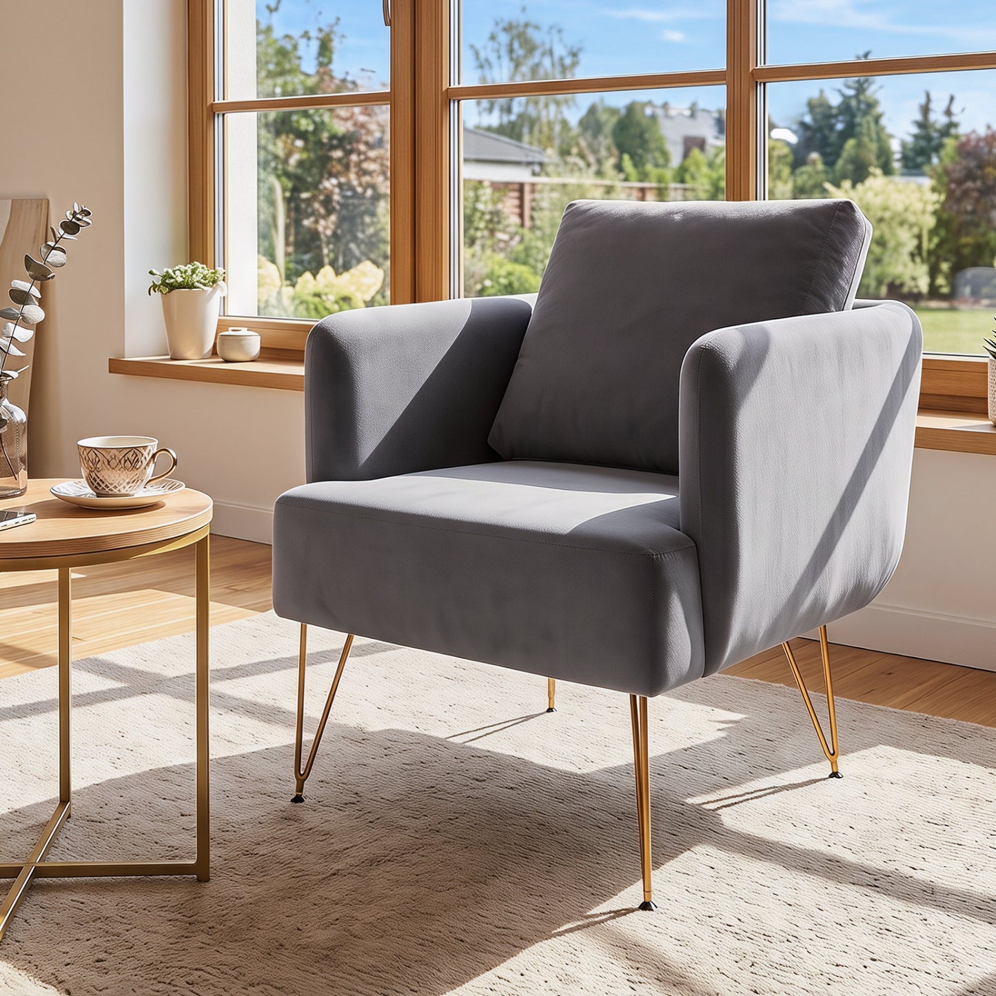 Modern Accent Chair w/Back Cushion & Golden Metal Legs for Living Room Bedroom-Beige