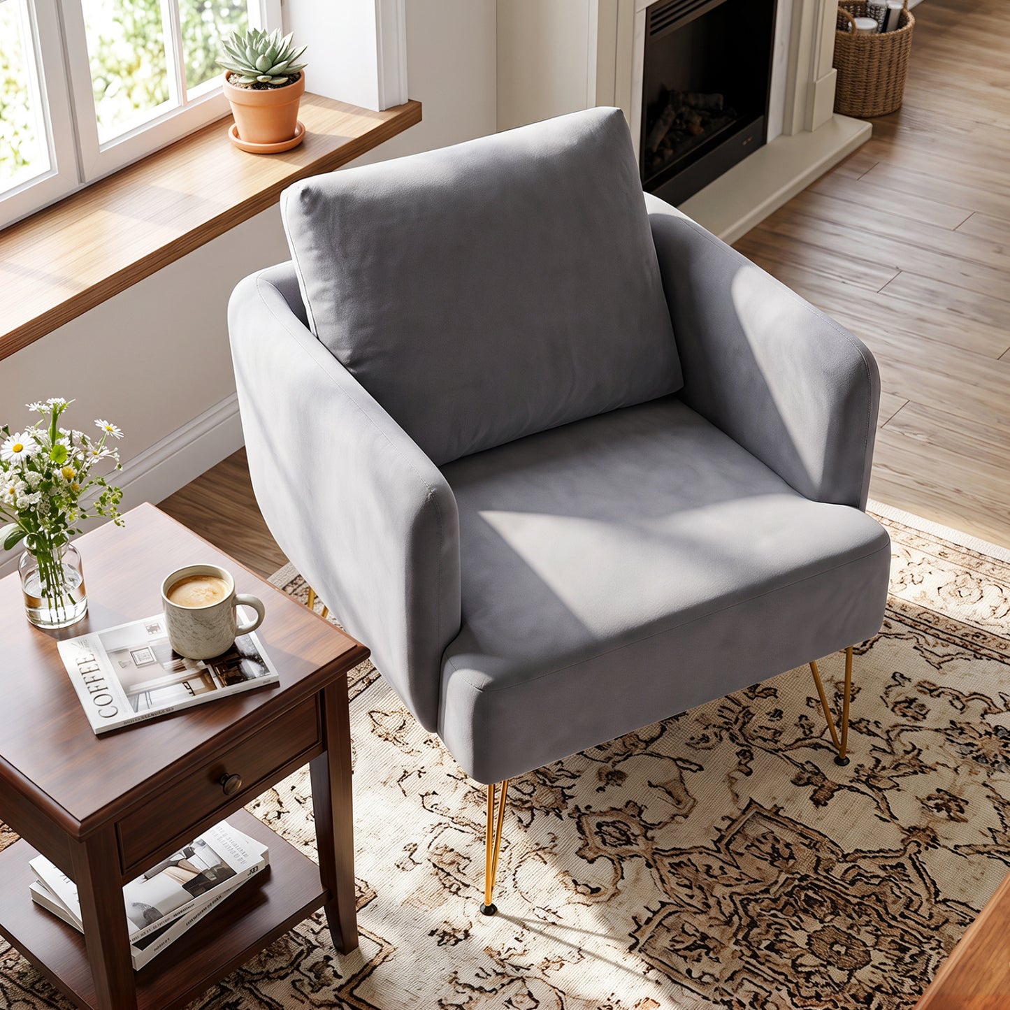 Modern Accent Chair w/Back Cushion & Golden Metal Legs for Living Room Bedroom-Beige