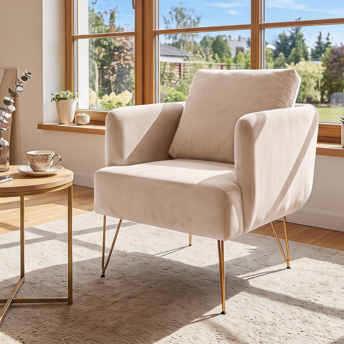 Modern Accent Chair w/Back Cushion & Golden Metal Legs for Living Room Bedroom-Beige