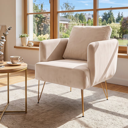 Modern Accent Chair w/Back Cushion & Golden Metal Legs for Living Room Bedroom-Beige