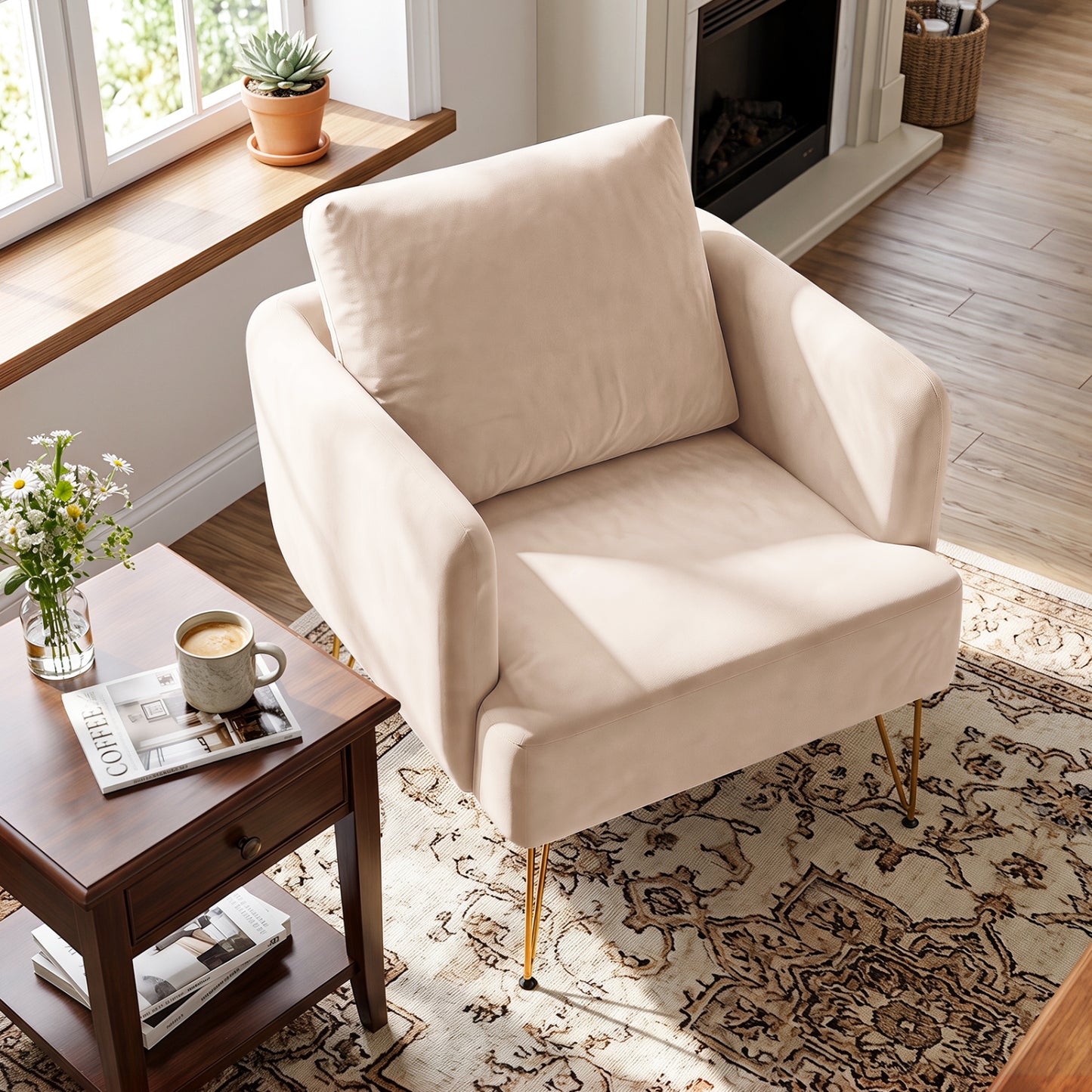 Modern Accent Chair w/Back Cushion & Golden Metal Legs for Living Room Bedroom-Beige