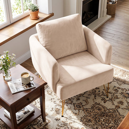 Modern Accent Chair w/Back Cushion & Golden Metal Legs for Living Room Bedroom-Beige