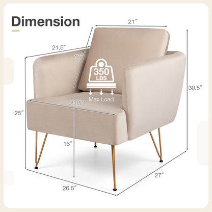 Modern Accent Chair w/Back Cushion & Golden Metal Legs for Living Room Bedroom-Beige