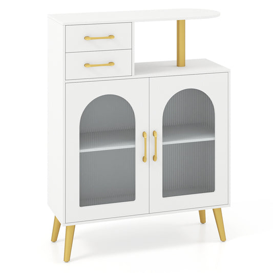 Modern white buffet cabinet with translucent doors and open shelf for kitchen or dining room storage, by Wilsons Home Store