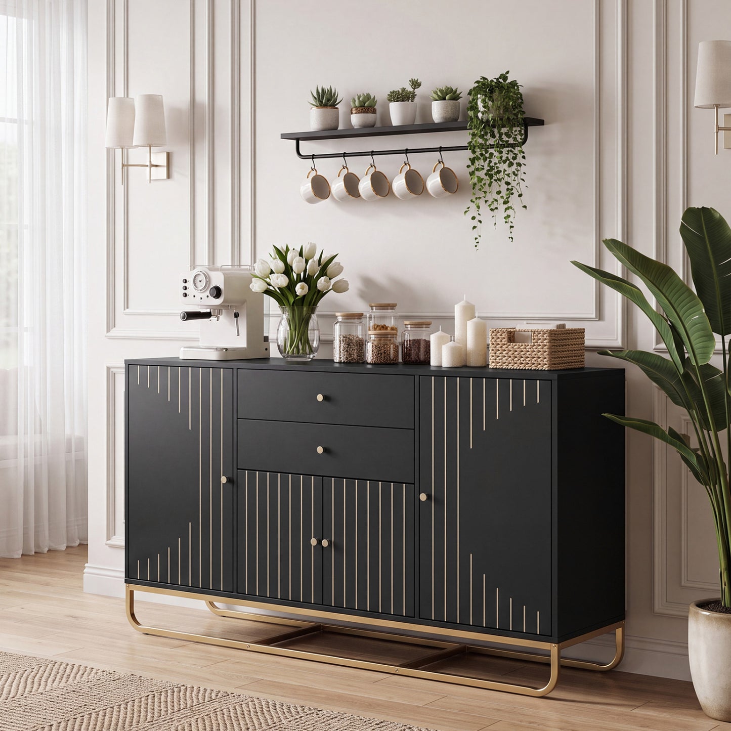 Modern Buffet Sideboard Cabinet w/ 2 Drawers & Adjustable Shelves for Dining Room-Black