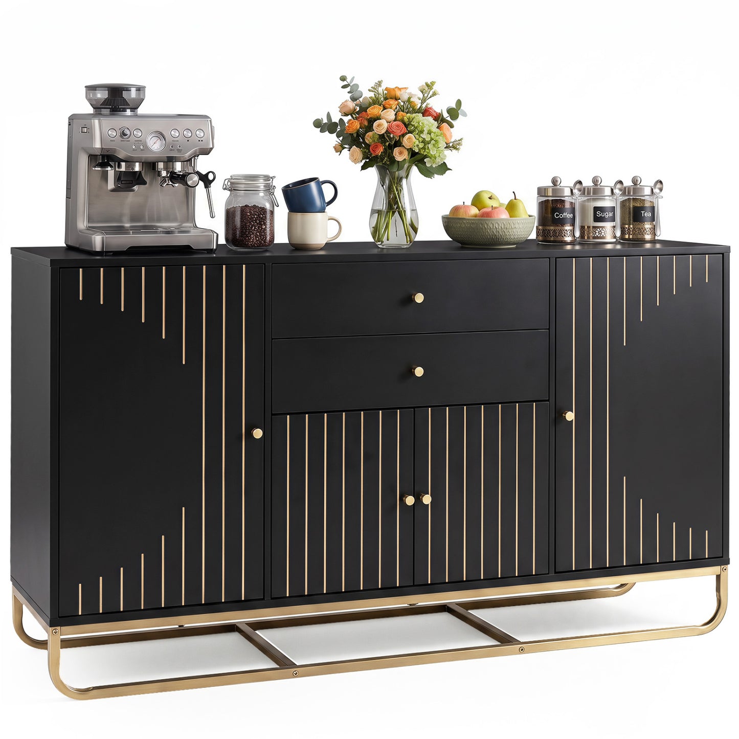 Modern Buffet Sideboard Cabinet w/ 2 Drawers & Adjustable Shelves for Dining Room-Black