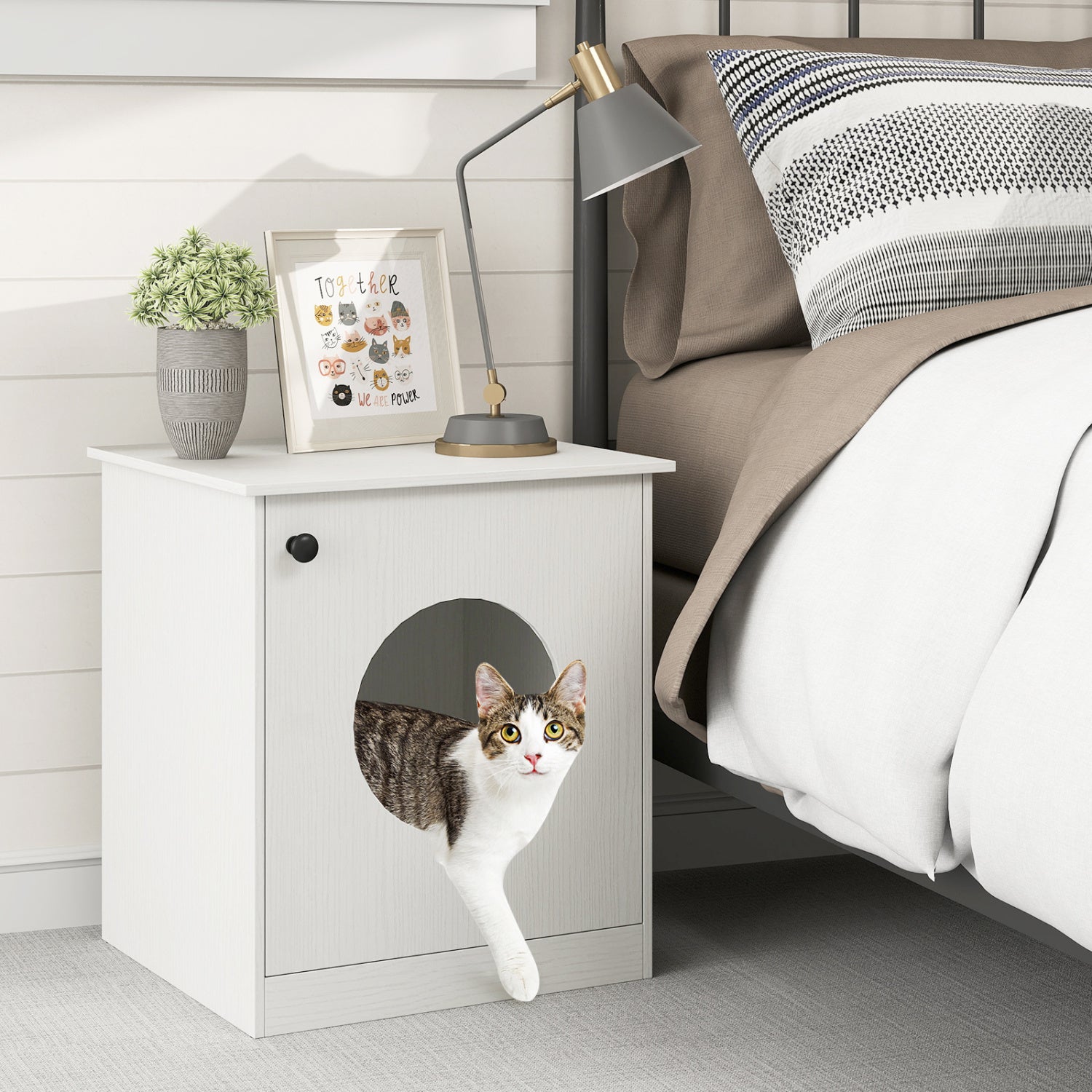 White modern cat litter box enclosure by Wilsons Home Store, designed for small to large cats, with sleek, enclosed housing.