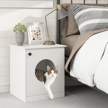 White modern cat litter box enclosure by Wilsons Home Store, designed for small to large cats, with sleek, enclosed housing.
