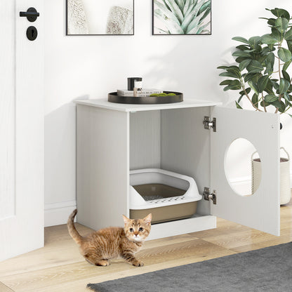 White modern cat litter box enclosure for small to large cats, featuring sleek design and accessible entry, by Wilsons Home Store.
