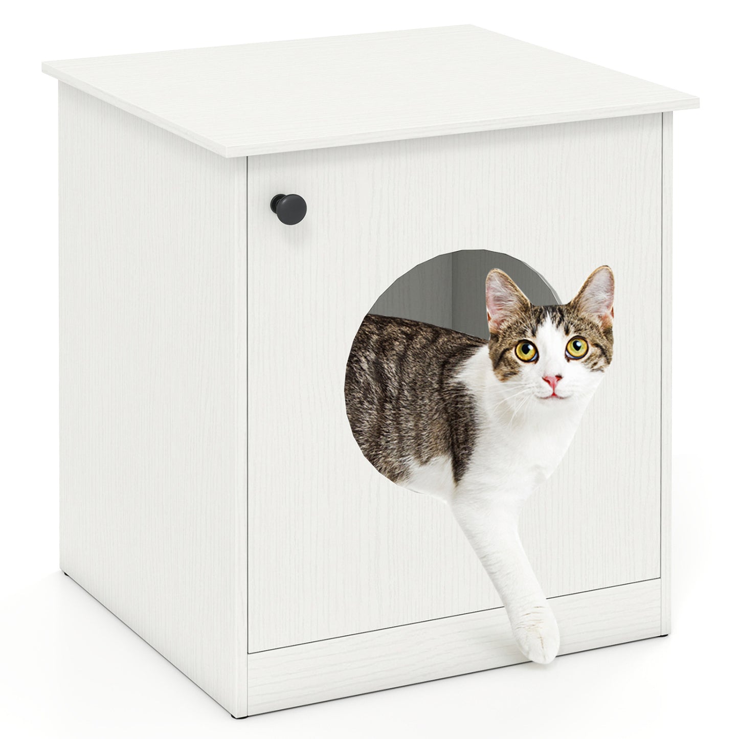 Modern white cat litter box enclosure for small to large cats, stylish pet furniture from Wilsons Home Store.