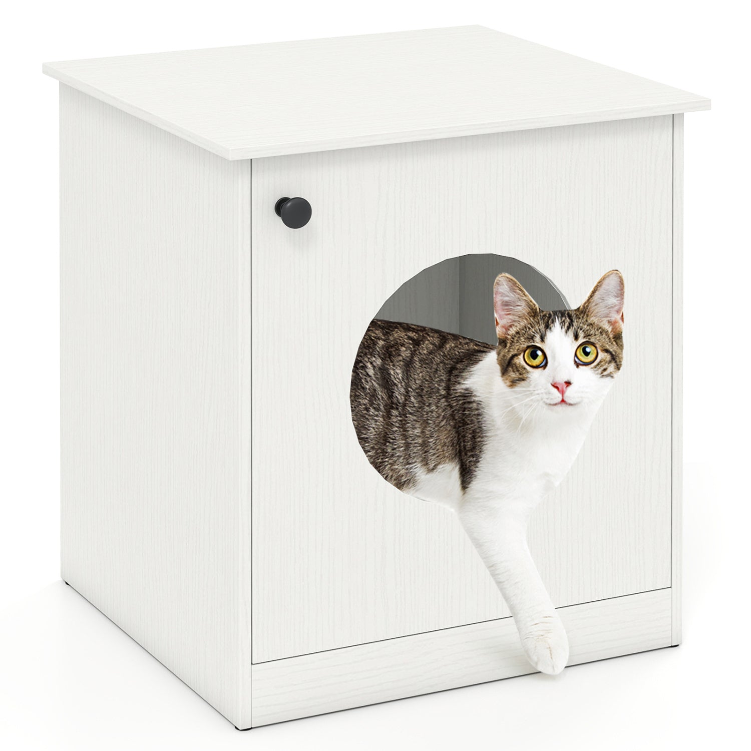 Modern white cat litter box enclosure for small to large cats, stylish pet furniture from Wilsons Home Store.