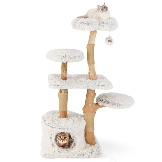 Modern 53-inch tall wooden cat tree with natural branches, white finish, jute scratching posts, for cats' play and scratching.