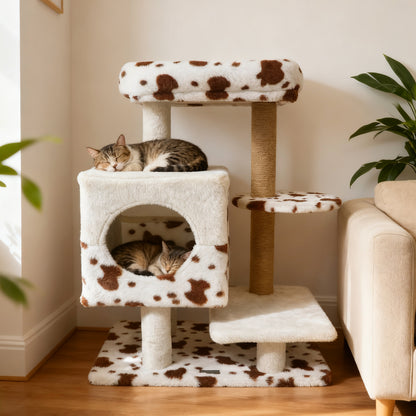 Modern Cat Tree Indoor Cat Tower with Wide Upholstered Perch and 2-Entrance Cat Condo-White