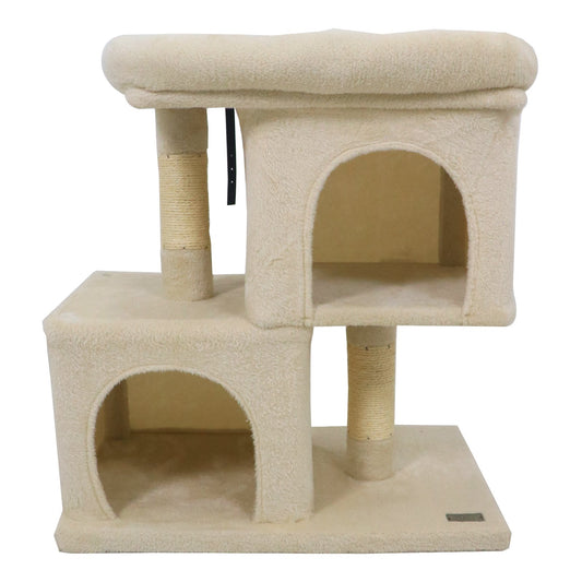 Modern Cat Tree Space-saving Cat Tower with Upholstered Perch and 2 Cat Condos-Beige