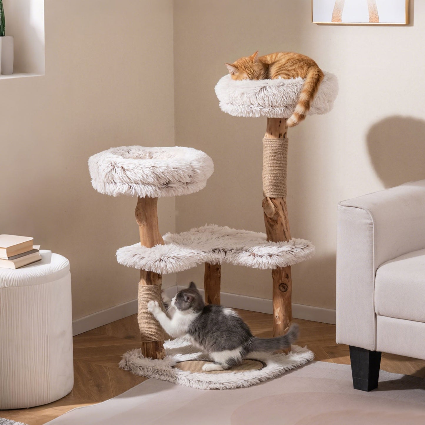 Modern Cat Tree Tower 40" with Luxury Real Wood Natural Branch-White