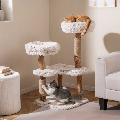 Modern Cat Tree Tower 40" with Luxury Real Wood Natural Branch-White