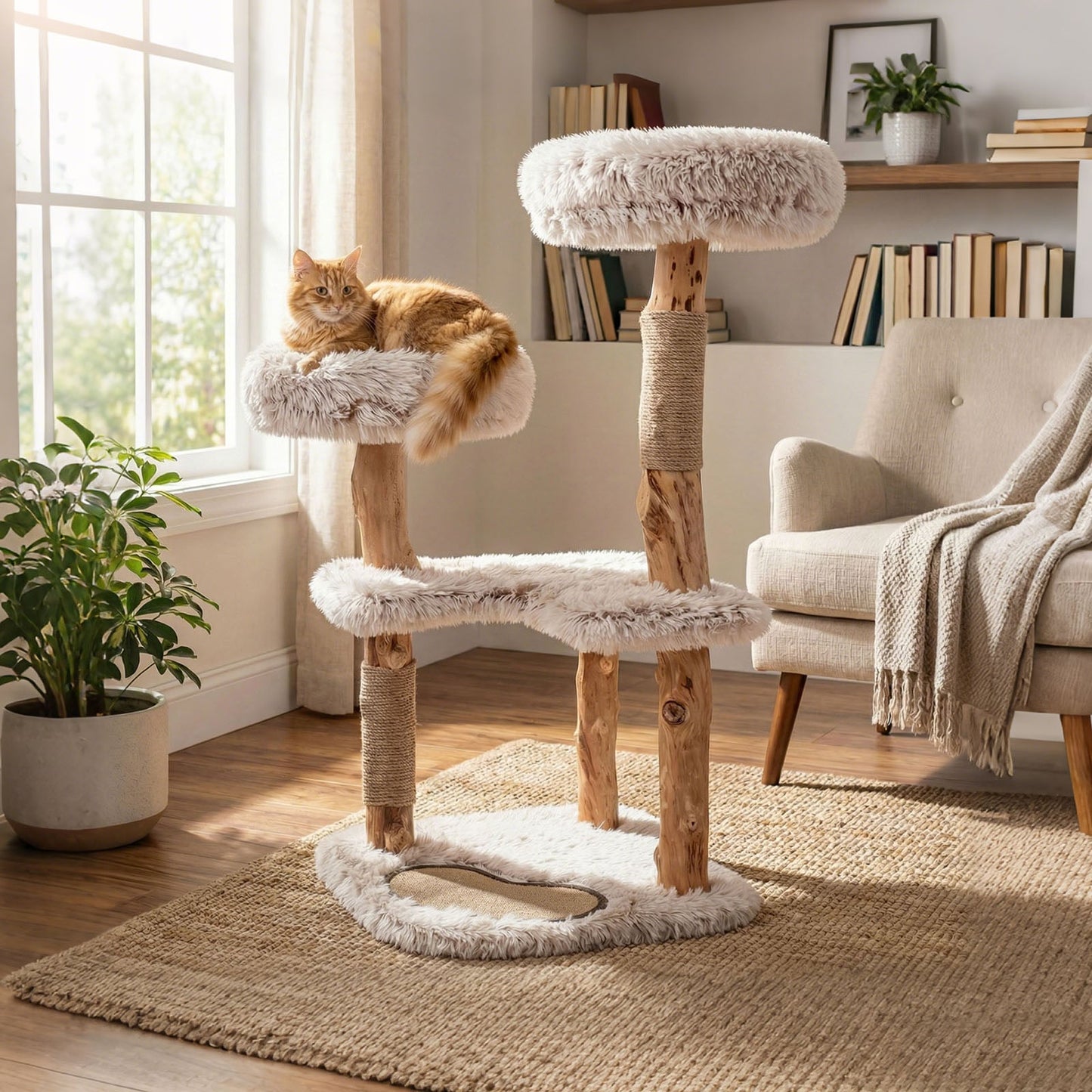 Modern Cat Tree Tower 40" with Luxury Real Wood Natural Branch-White