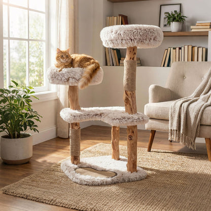 Modern Cat Tree Tower 40" with Luxury Real Wood Natural Branch-White