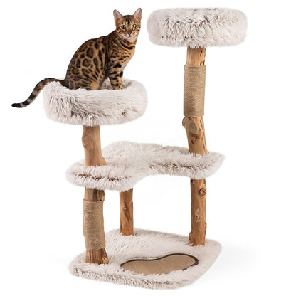 Modern Cat Tree Tower 40" with Luxury Real Wood Natural Branch-White