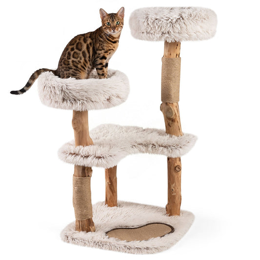 Modern 40-inch cat tree tower with luxury real wood branches, white finish, designed for cats to climb and rest comfortably.