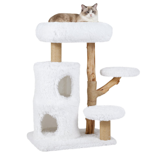 Modern Cat Tree for Indoor Cats 30.5 Cat Tower with Real Solid Wood Branches-White