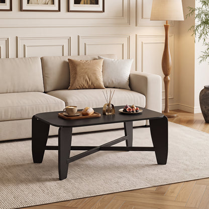 Modern Coffee Table with Rubber Wood Cross-Leg Base Rectangular Center Table-Black